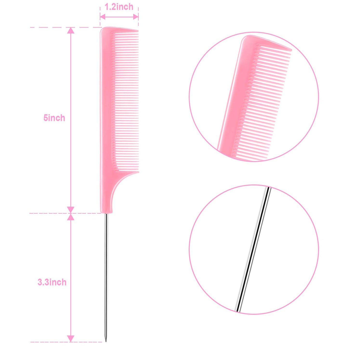 JANYUN 3 Pcs Rat Tail Combs Salon Hairdressing Comb with Stainless Steel Handle, Fine Tooth Combs for Women, Barber (Black White Pink)