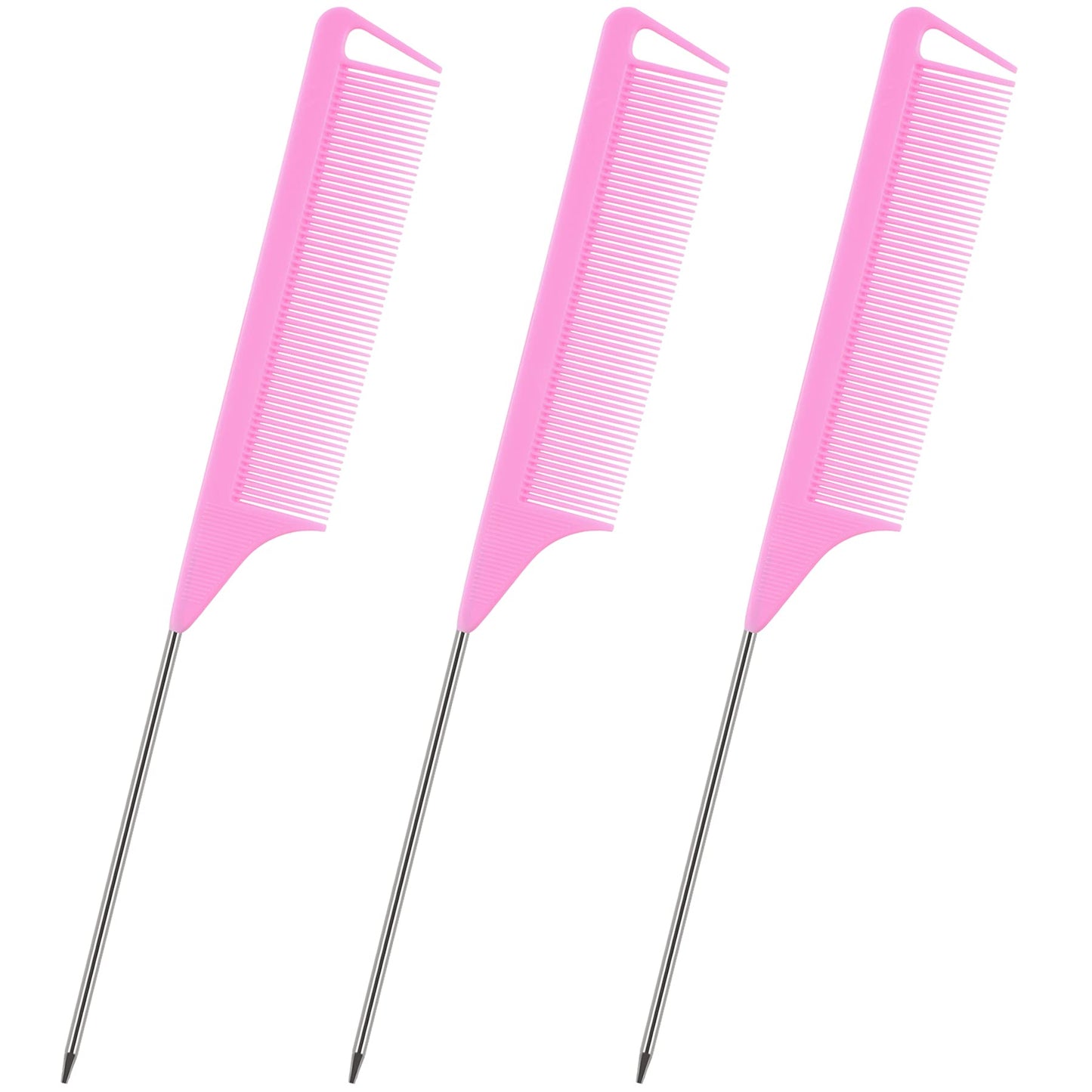 JANYUN 3 Pcs Rat Tail Combs Salon Hairdressing Comb with Stainless Steel Handle, Fine Tooth Combs for Women, Barber (Black White Pink)