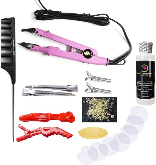 Professional Hair Extensions PINK Iron Connector Wand Temperature Adjustable plus Bond Remover Full Complete Kit Tools For Pre-bonded Red Alligator Clips