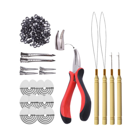 Hair Extensions Tools Kit: I-tip Hair Pliers, Micro Pulling Needle, Loop Threader and 200 Pcs Micro Silicone Rings Beads for Hair and Feather Extensions (Black)