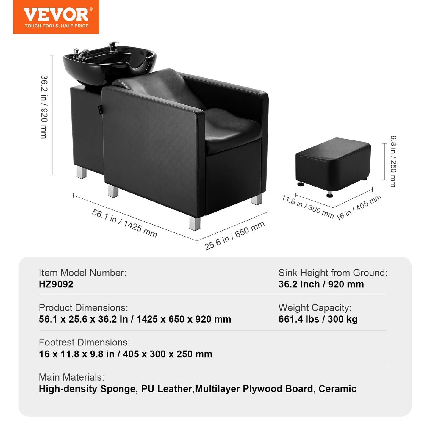 VEVOR Shampoo Backwash Chair, 661.4 LBS Loading Salon & Spa Hair Washing Station, Backwash Barber Shampoo Bowl and Chair, Beauty Spa Massage Hairdressing Equipment with Ceramic Bowl and Wide Footrest