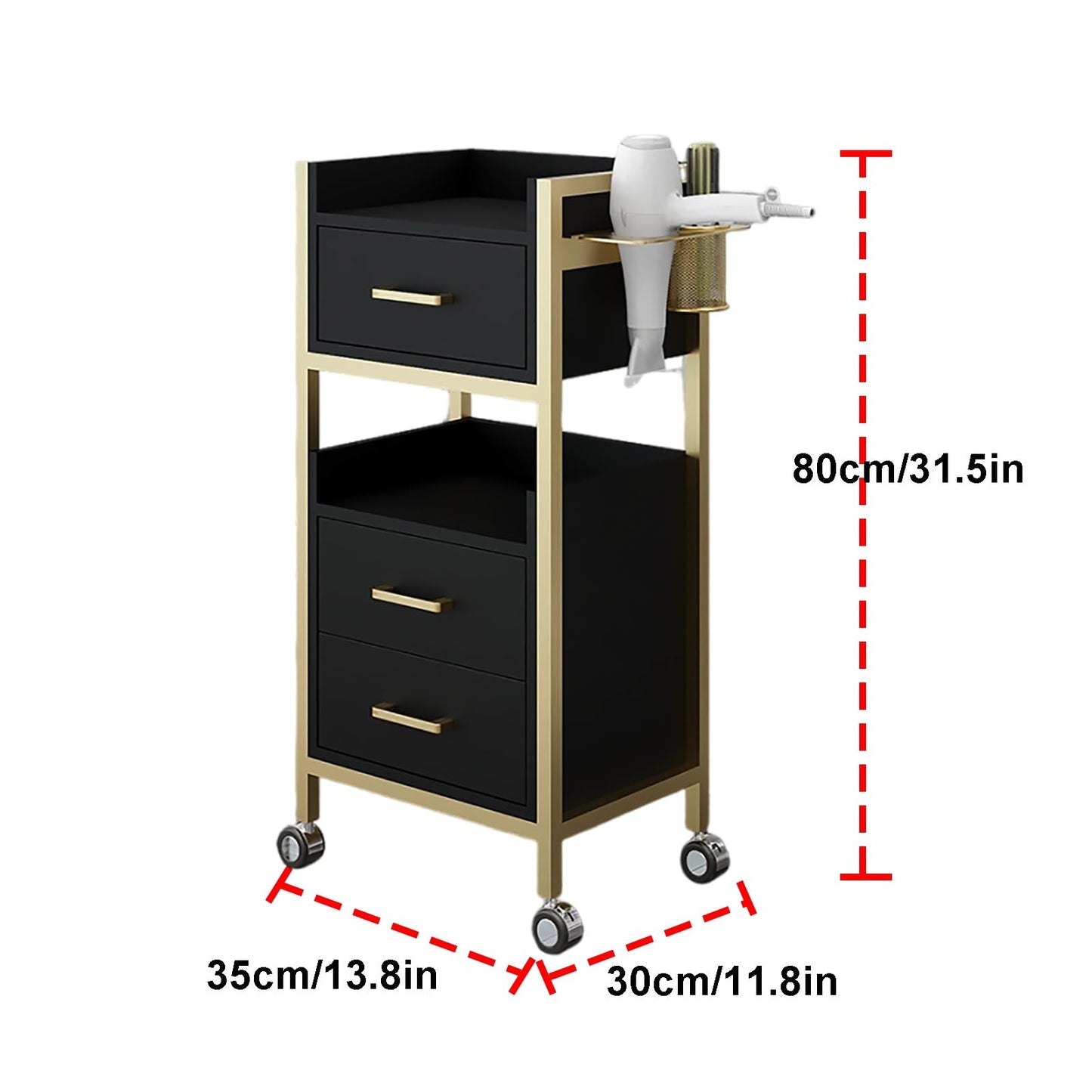 Hair Styling Salon Trolley Cart with Wheels and 3 Drawers Salon Storage Trolley Cart with Dryer Holder for Barber Hairdresser Cosmetology Stylist Storage Station(White)