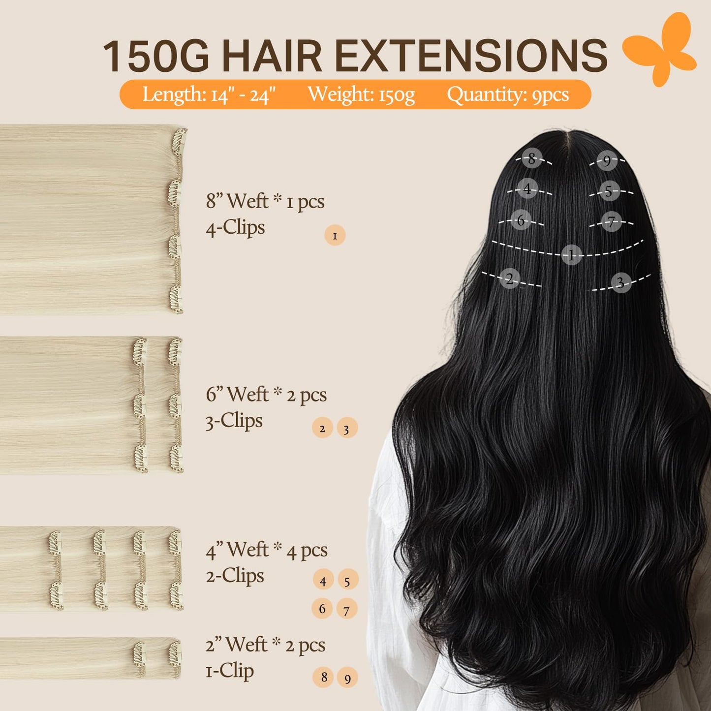DOORES Seamless Clip in Hair Extensions Real Human Hair, Jet Black 150g 7pcs 20 Inch, Hair Extensions Clip in Human Hair Extensions Clip ins with Thin Weft Thick Straight Hair