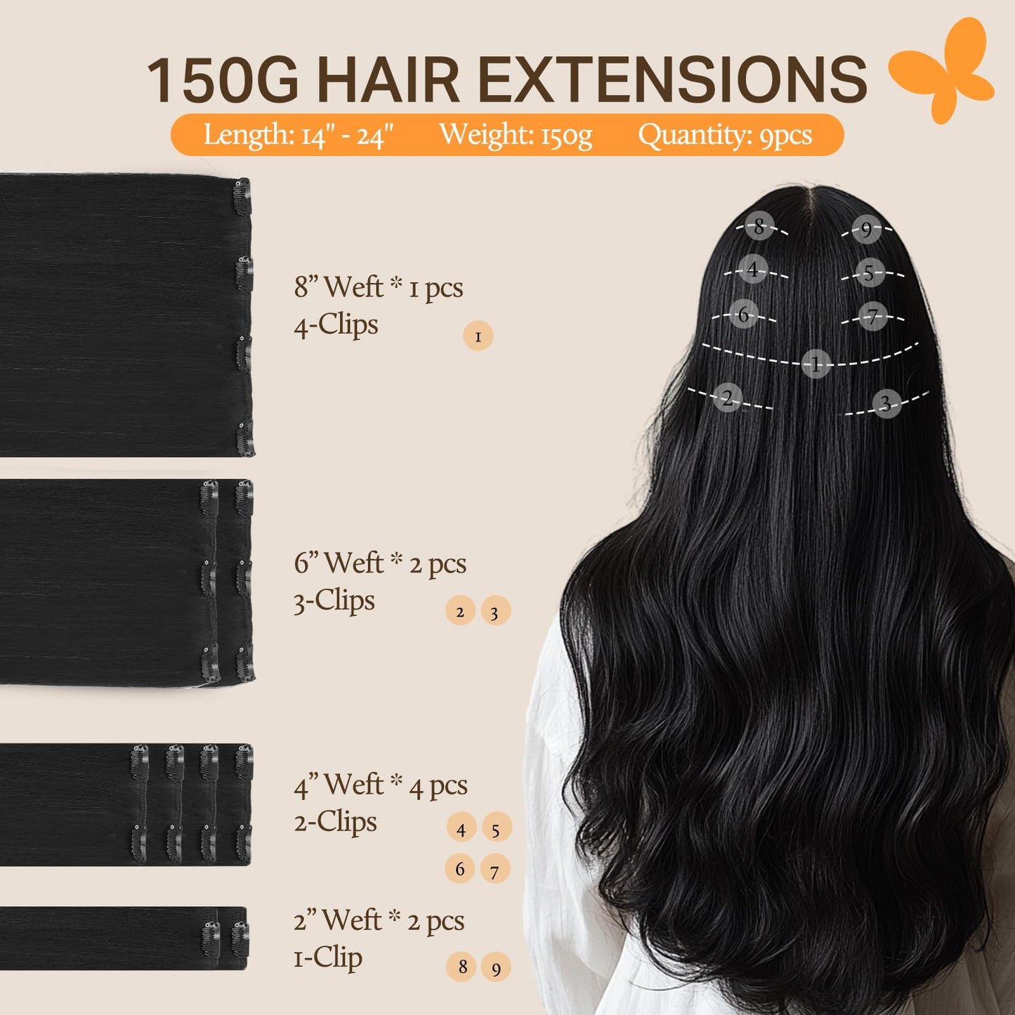 DOORES Seamless Clip in Hair Extensions Real Human Hair, Jet Black 150g 7pcs 20 Inch, Hair Extensions Clip in Human Hair Extensions Clip ins with Thin Weft Thick Straight Hair