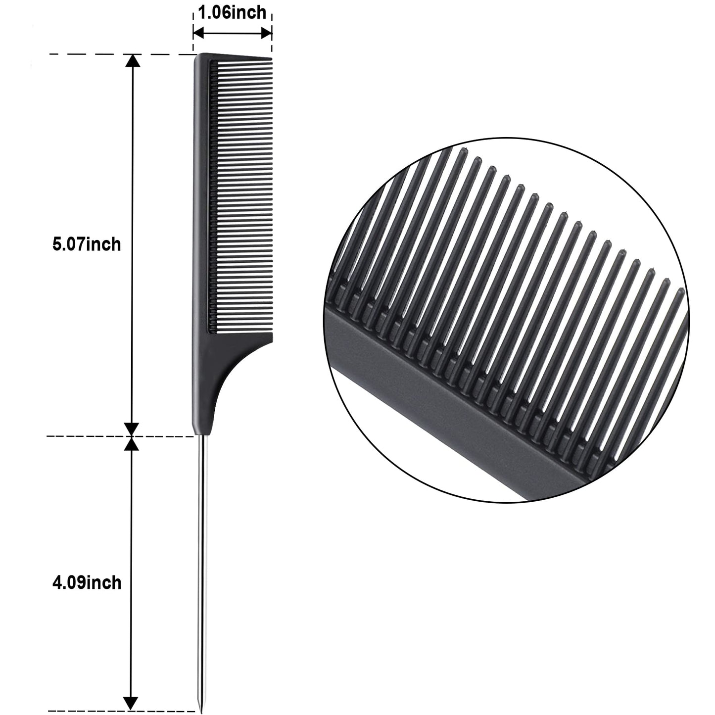 JANYUN 3 Pcs Rat Tail Combs Salon Hairdressing Comb with Stainless Steel Handle, Fine Tooth Combs for Women, Barber (Black White Pink)