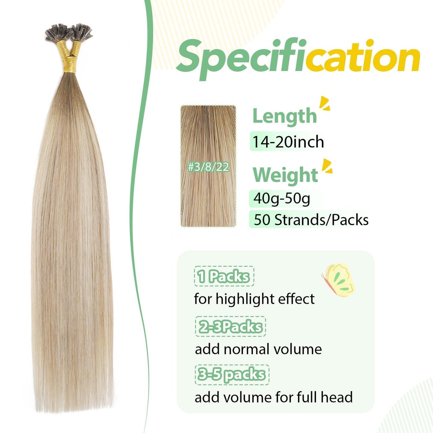 U Tip Hair Extensions Real Human Hair 50 Strands 50g 20inch Balayage Ombre Walnut Brown to Ash Brown and Blonde Pre Bonded Hair Extensions Nail U Tip Hair Extensions #3/8/22 20inch