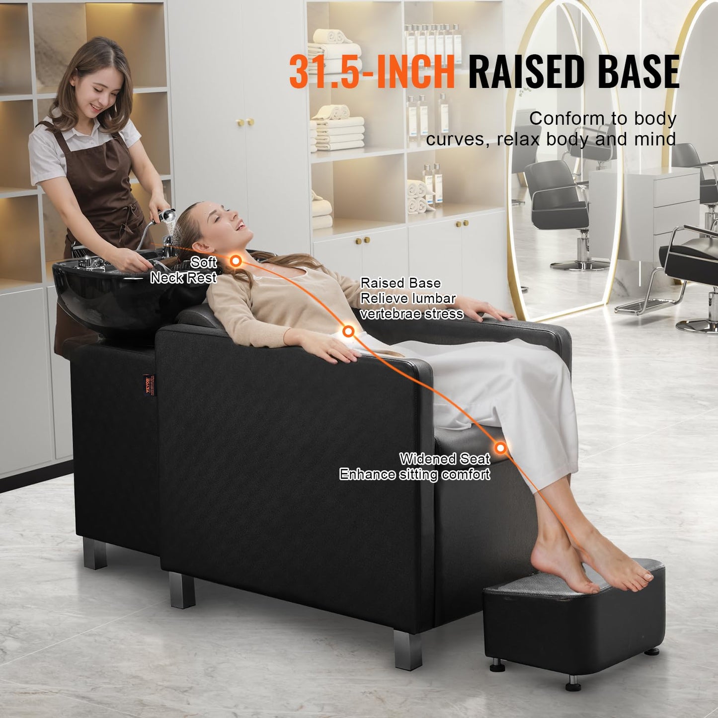 VEVOR Shampoo Backwash Chair, 661.4 LBS Loading Salon & Spa Hair Washing Station, Backwash Barber Shampoo Bowl and Chair, Beauty Spa Massage Hairdressing Equipment with Ceramic Bowl and Wide Footrest