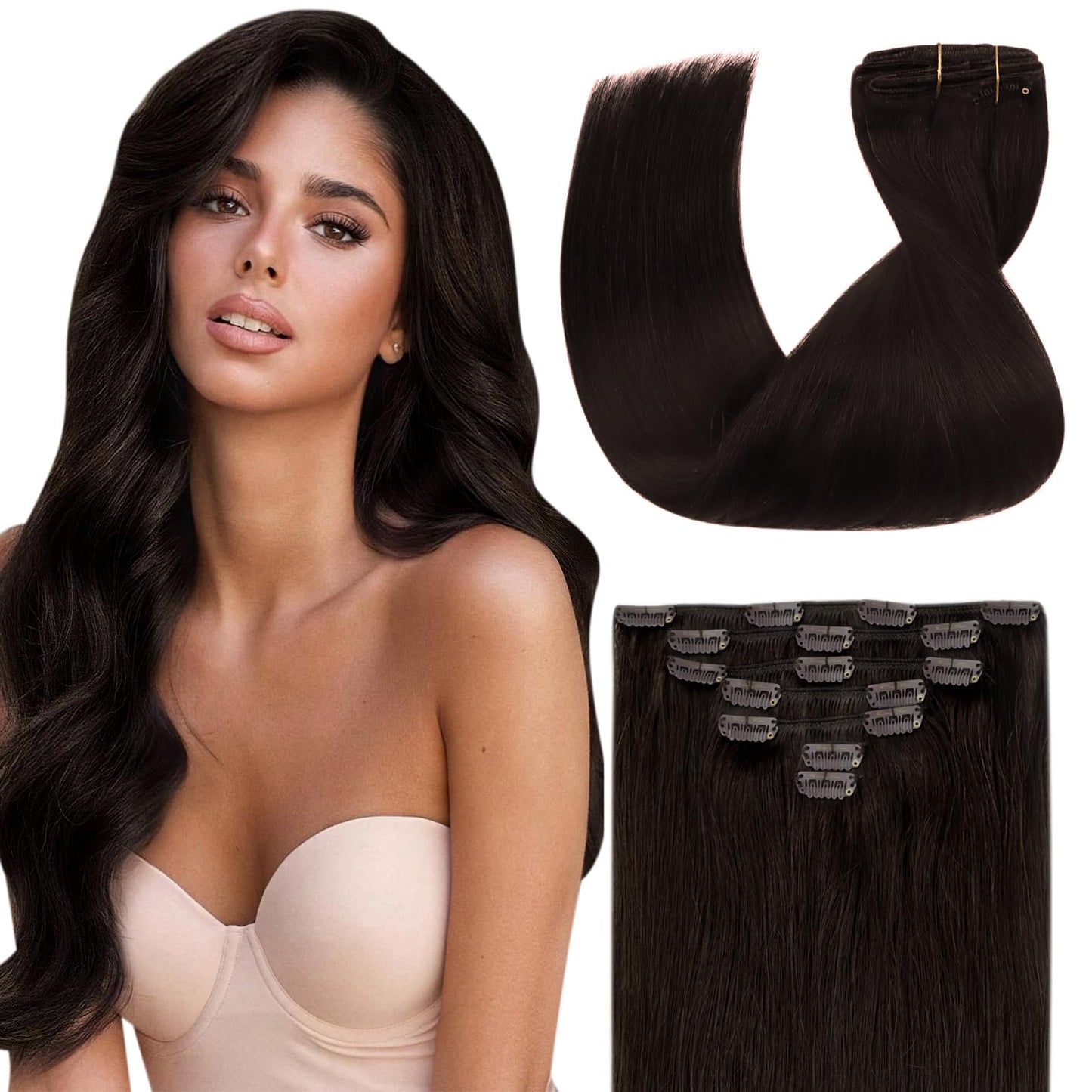 Clip in Hair Extensions Remy Human Hair Extensions for Women Real Hair Clip in Extensions Double Weft Dark Brown Balayage Medium Brown (12 inch-5pcs/80g, 14-24 inch-7pcs/120g)