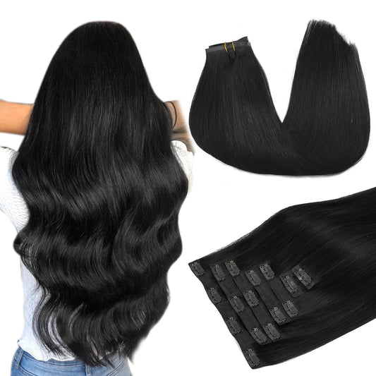 DOORES Seamless Clip in Hair Extensions Real Human Hair, Jet Black 150g 7pcs 20 Inch, Hair Extensions Clip in Human Hair Extensions Clip ins with Thin Weft Thick Straight Hair