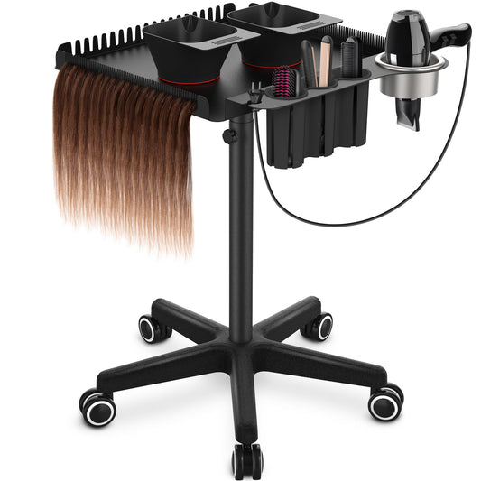 TASALON Rolling Salon Tray on wheels, Metal Hairstylist Tray for Hair Salon Station with 2 Magnetic Hair Color Bowls, Salon Cart with Holder and Hair Separator Stand, Hair Cart for Real Hair Extension