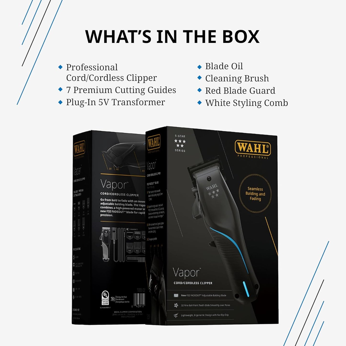 Wahl Professional 5-Star Vapor Clipper with F32 FADEOUT Adjustable Balding Blade, Adaptable Speed Control, Cord/Cordless