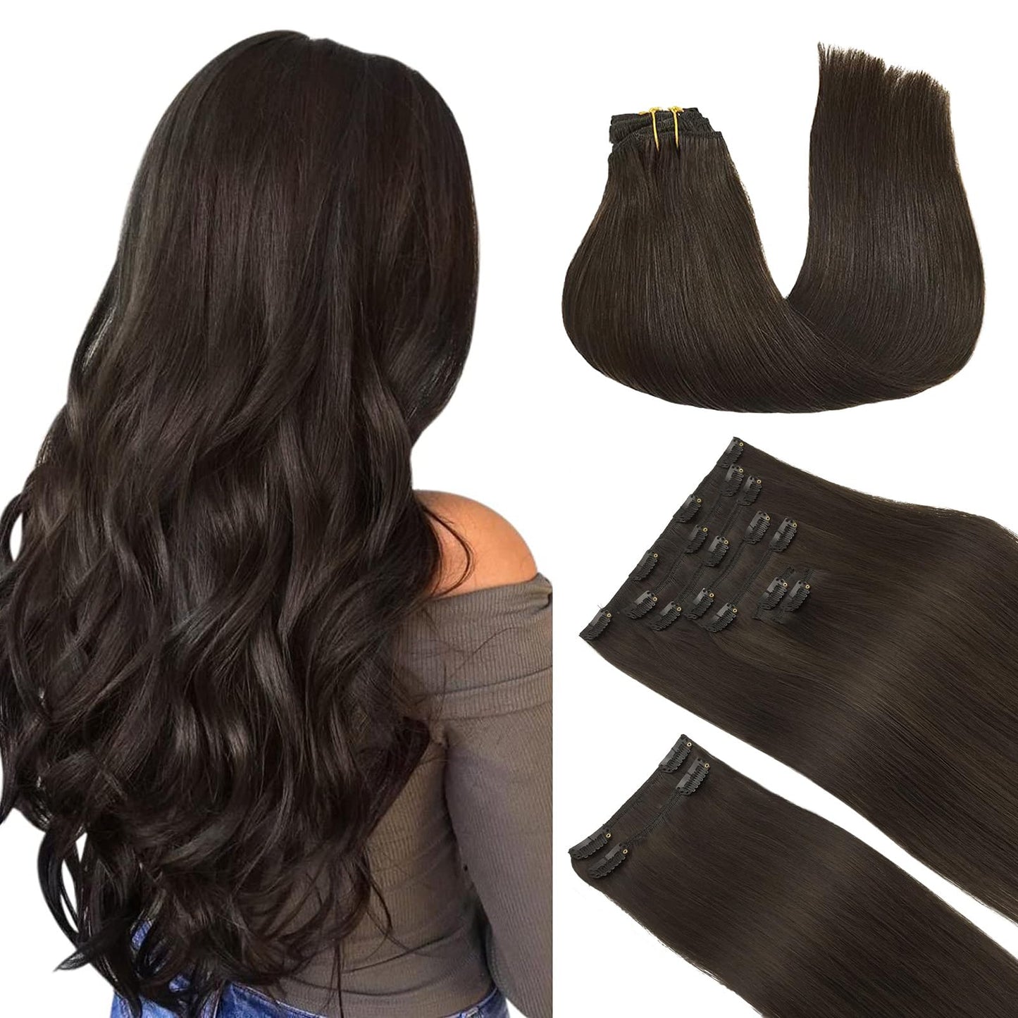 DOORES Seamless Clip in Hair Extensions Real Human Hair, Jet Black 150g 7pcs 20 Inch, Hair Extensions Clip in Human Hair Extensions Clip ins with Thin Weft Thick Straight Hair