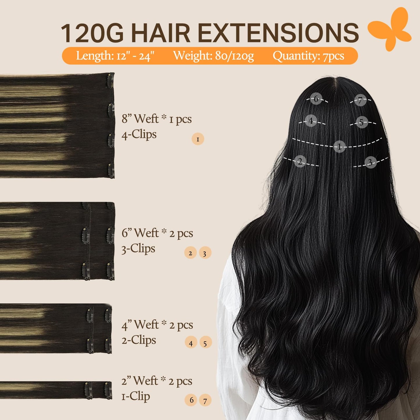 DOORES Seamless Clip in Hair Extensions Real Human Hair, Jet Black 150g 7pcs 20 Inch, Hair Extensions Clip in Human Hair Extensions Clip ins with Thin Weft Thick Straight Hair