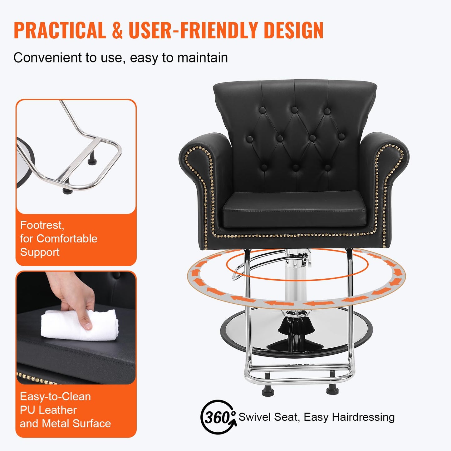 VEVOR Salon Chair, Barber Chair for Hair Stylist, Styling Chair with Heavy Duty Hydraulic Pump, 360° Swivel Hair Salon Chair with Footrest for Beauty Spa Shampoo, Max Load Weight 330 lbs, Black