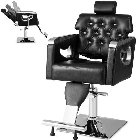 Giantex Reclining Salon Chair, Height Adjustable Heavy Duty Hydraulic Pump, Removable Headrest, Makeup Tattoo Station Barbershop Home, Swivel Barber Chair for Hair Stylist (Black, Luxury)