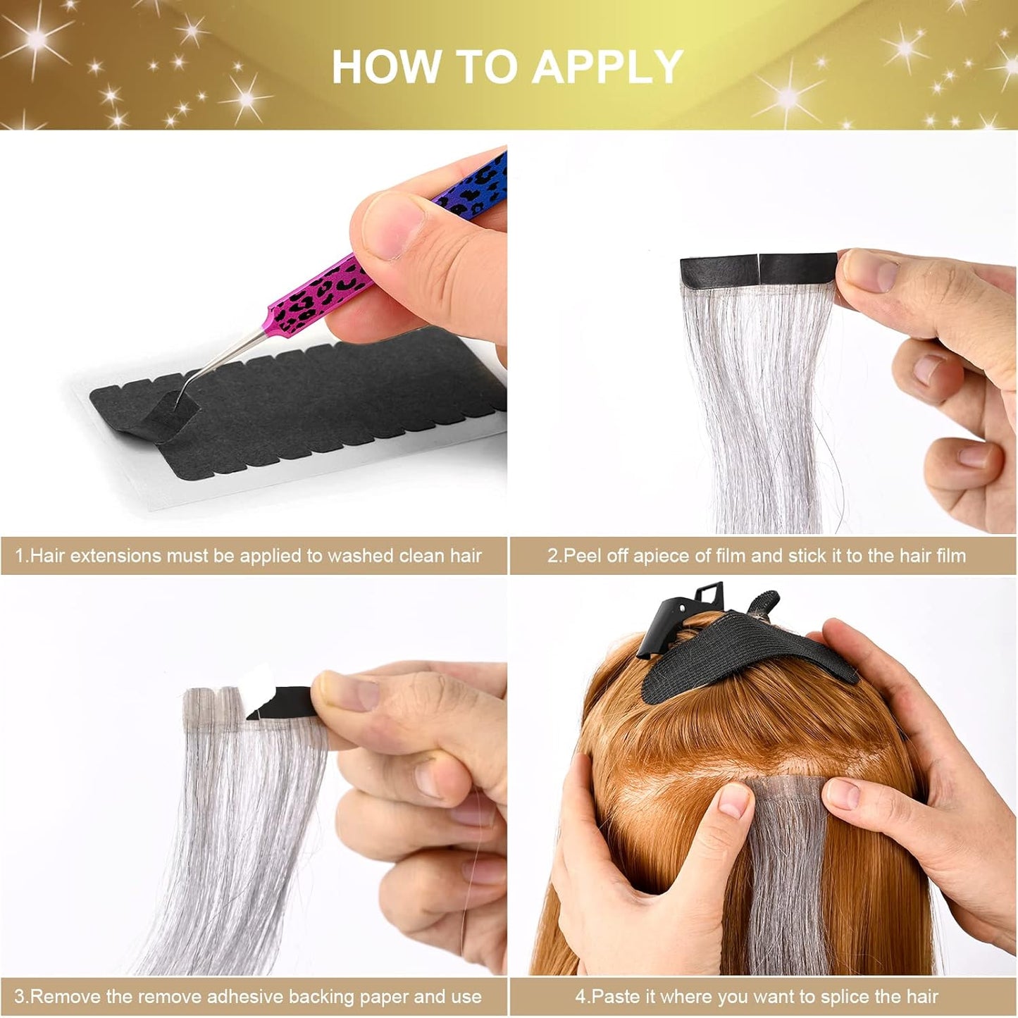 EHDIS Hair Extension Tape Tabs, 6 Sheets Double Sided Replacement Tape Adhesive Hair Extension Tapes with Glue Remover Scraper Tool and Tweezers(Type B)