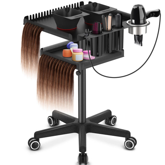 TASALON Rolling Salon Tray on Wheels, Metal Hairstylist Tray Rolling Cart for Hair Salon Station with Holder and Hair Separator Stand, Salon Trolley Cart with 2 Magnetic Hair Color Bowls