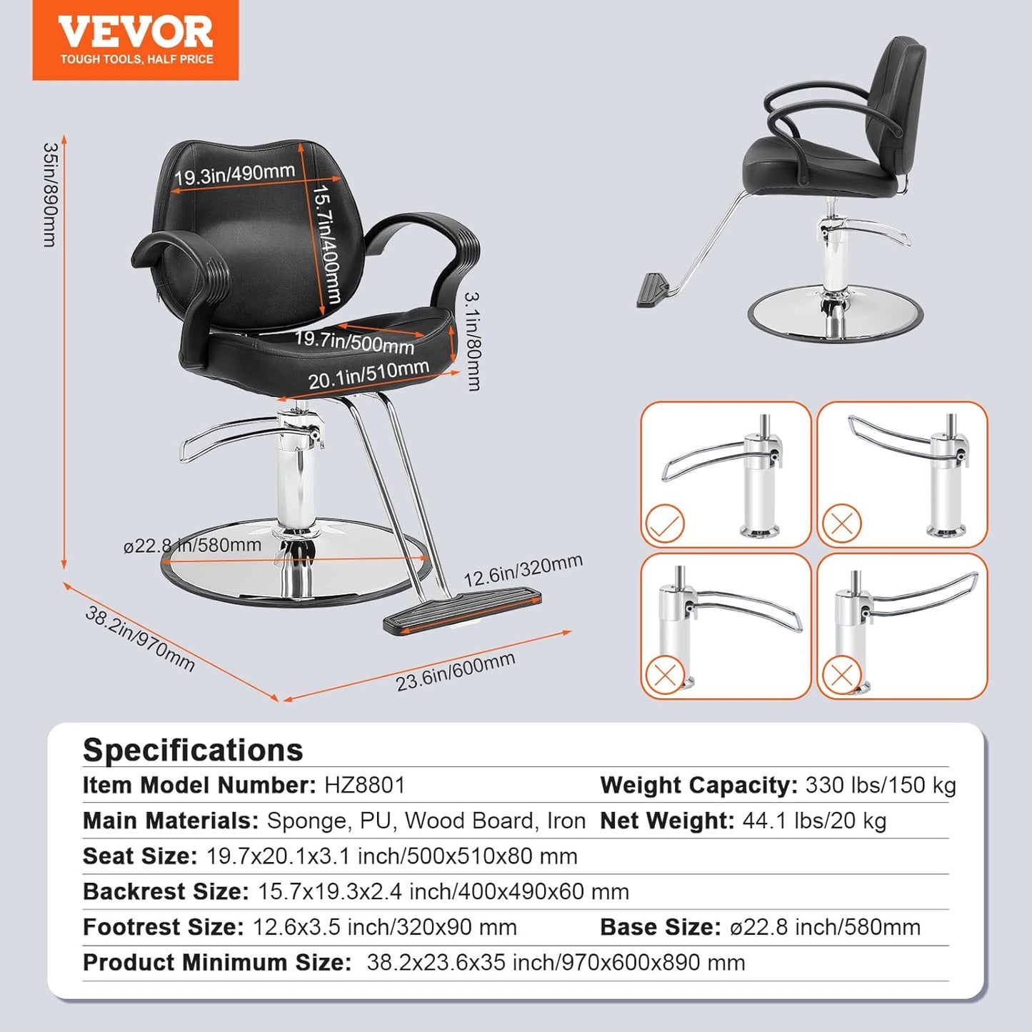 VEVOR Salon Chair, Barber Chair for Hair Stylist, Styling Chair with Heavy Duty Hydraulic Pump, 360° Swivel Hair Salon Chair with Footrest for Beauty Spa Shampoo, Max Load Weight 330 lbs, Black