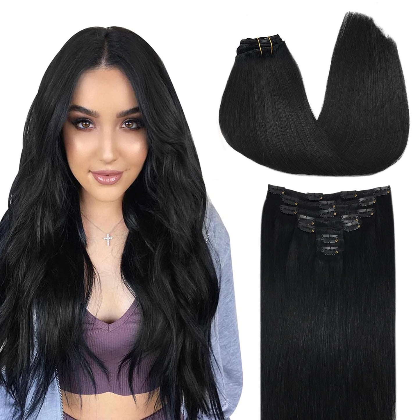DOORES Seamless Clip in Hair Extensions Real Human Hair, Jet Black 150g 7pcs 20 Inch, Hair Extensions Clip in Human Hair Extensions Clip ins with Thin Weft Thick Straight Hair