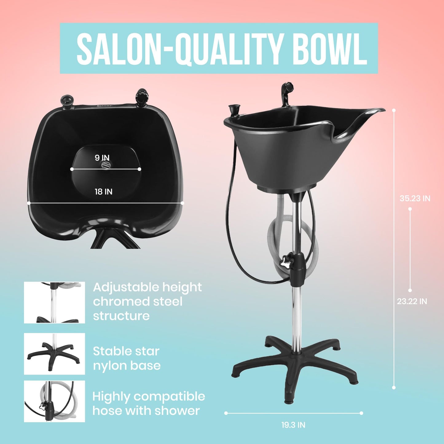 Dompel Wash Unit with Headrest | Handicap & Disabled, Seniors | Hairstylist, home services | Portable Shampoo Bowl with Chrome Steel Structure, Convenient 22 L | Includes Drain Hose, Faucet