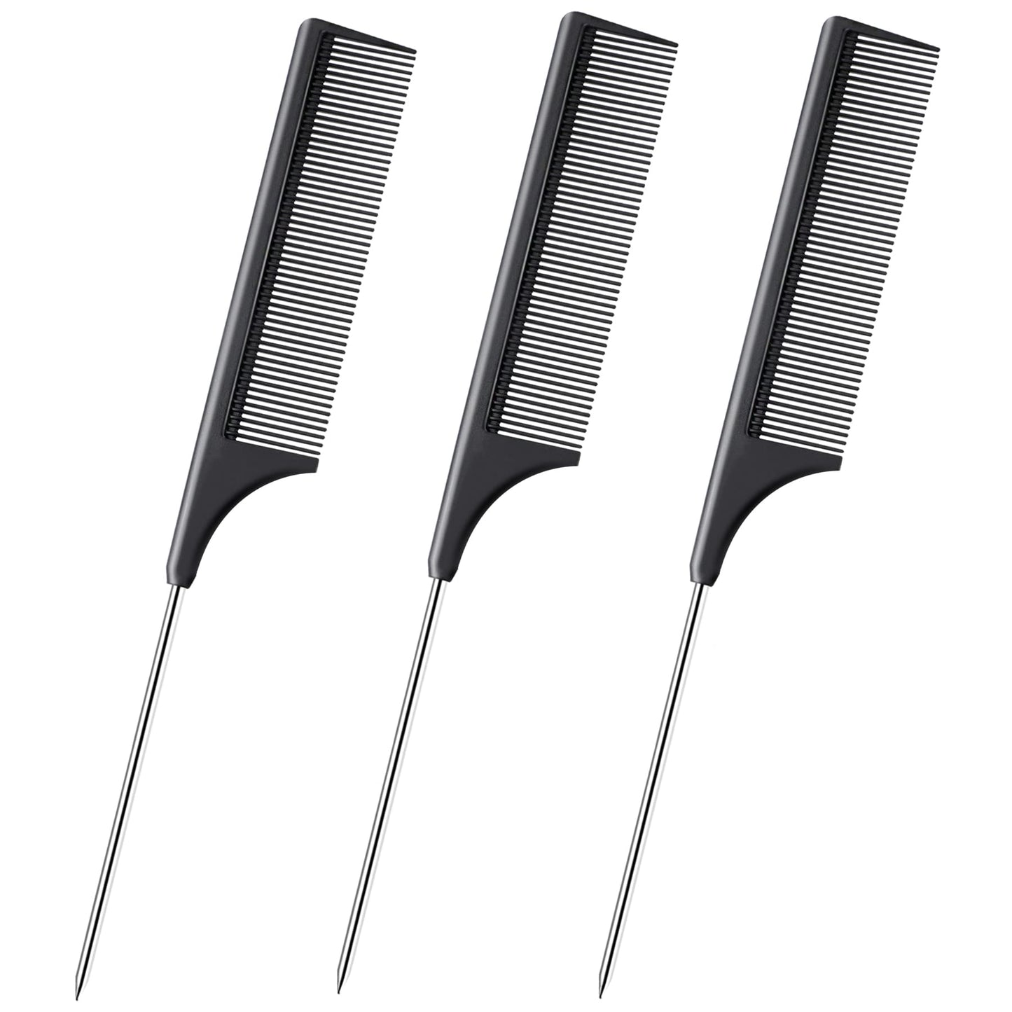 JANYUN 3 Pcs Rat Tail Combs Salon Hairdressing Comb with Stainless Steel Handle, Fine Tooth Combs for Women, Barber (Black White Pink)