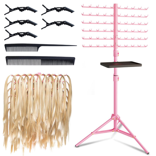 120-Peg Braiding Hair Rack Standing, with Salon Tray Hair Extension Holder Hanger, Hair Divider Rack for Braiding Hair Separator Stand, Hair Braiding Rack Display Stand for Hairstylist Braiders, Pink