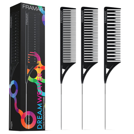 FRAMAR Dreamweaver Highlighting Hair Comb – Premium Rat Tail Comb for Hair Stylist, Hair Combs for Women, Salon Teasing Comb, Metal Comb Set, Peigne Cheveux, For Hair Color, Hair Tools – Black 3 Pack