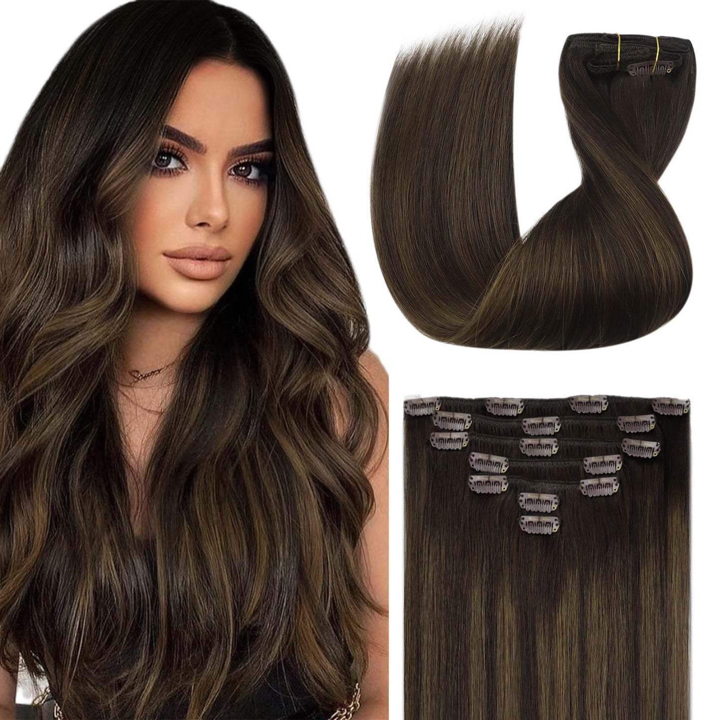 Clip in Hair Extensions Remy Human Hair Extensions for Women Real Hair Clip in Extensions Double Weft Dark Brown Balayage Medium Brown (12 inch-5pcs/80g, 14-24 inch-7pcs/120g)