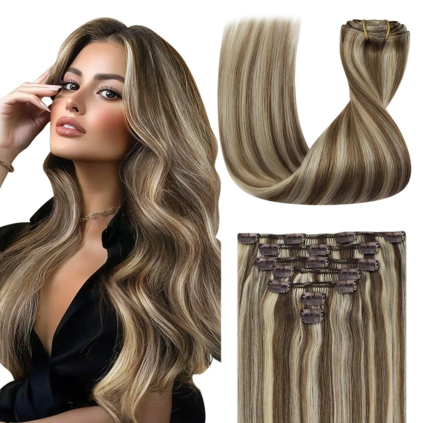 Clip in Hair Extensions Remy Human Hair Extensions for Women Real Hair Clip in Extensions Double Weft Dark Brown Balayage Medium Brown (12 inch-5pcs/80g, 14-24 inch-7pcs/120g)