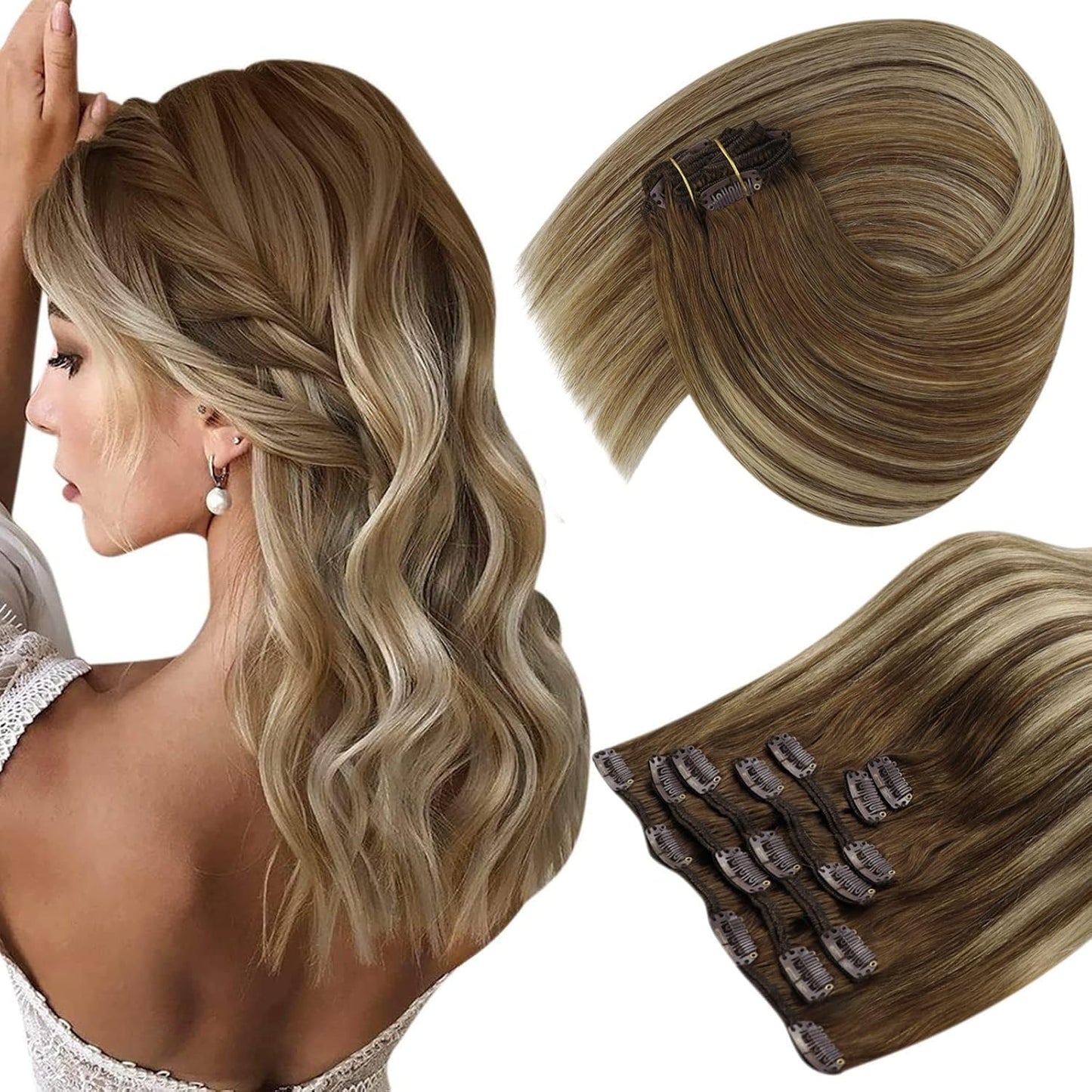 Clip in Hair Extensions Remy Human Hair Extensions for Women Real Hair Clip in Extensions Double Weft Dark Brown Balayage Medium Brown (12 inch-5pcs/80g, 14-24 inch-7pcs/120g)
