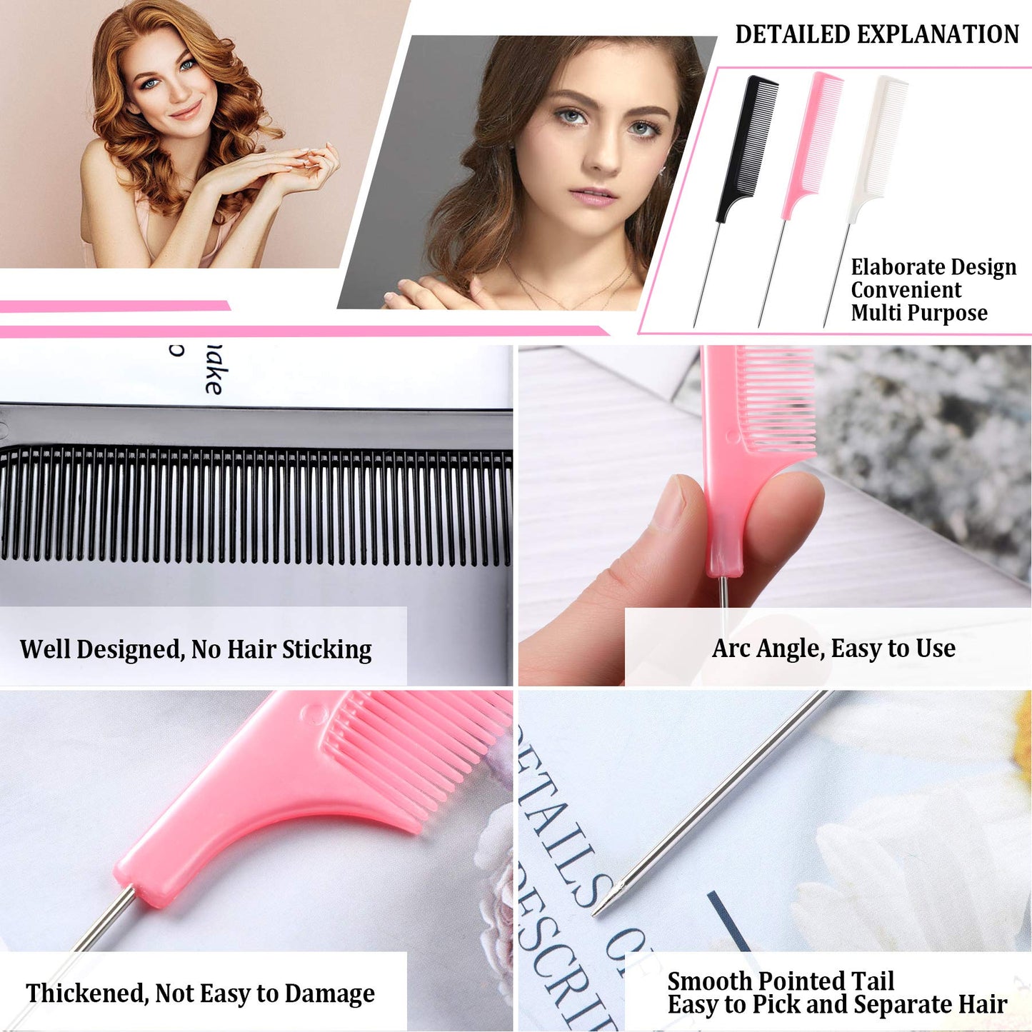 JANYUN 3 Pcs Rat Tail Combs Salon Hairdressing Comb with Stainless Steel Handle, Fine Tooth Combs for Women, Barber (Black White Pink)