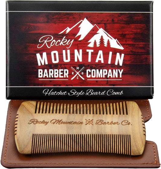 Beard Comb - Sandalwood Natural Hatchet Style Brush for Hair - Smells Amazing, Anti-Static & No Snag, Handmade Wide & Fine Tooth Contour Brush Best for Beard & Moustache with Carrying Case Pouch