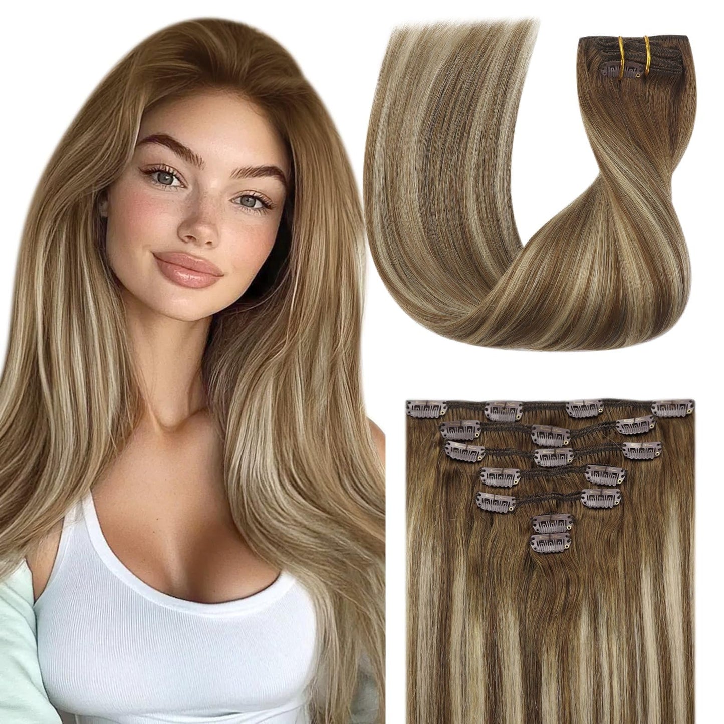 Clip in Hair Extensions Remy Human Hair Extensions for Women Real Hair Clip in Extensions Double Weft Dark Brown Balayage Medium Brown (12 inch-5pcs/80g, 14-24 inch-7pcs/120g)