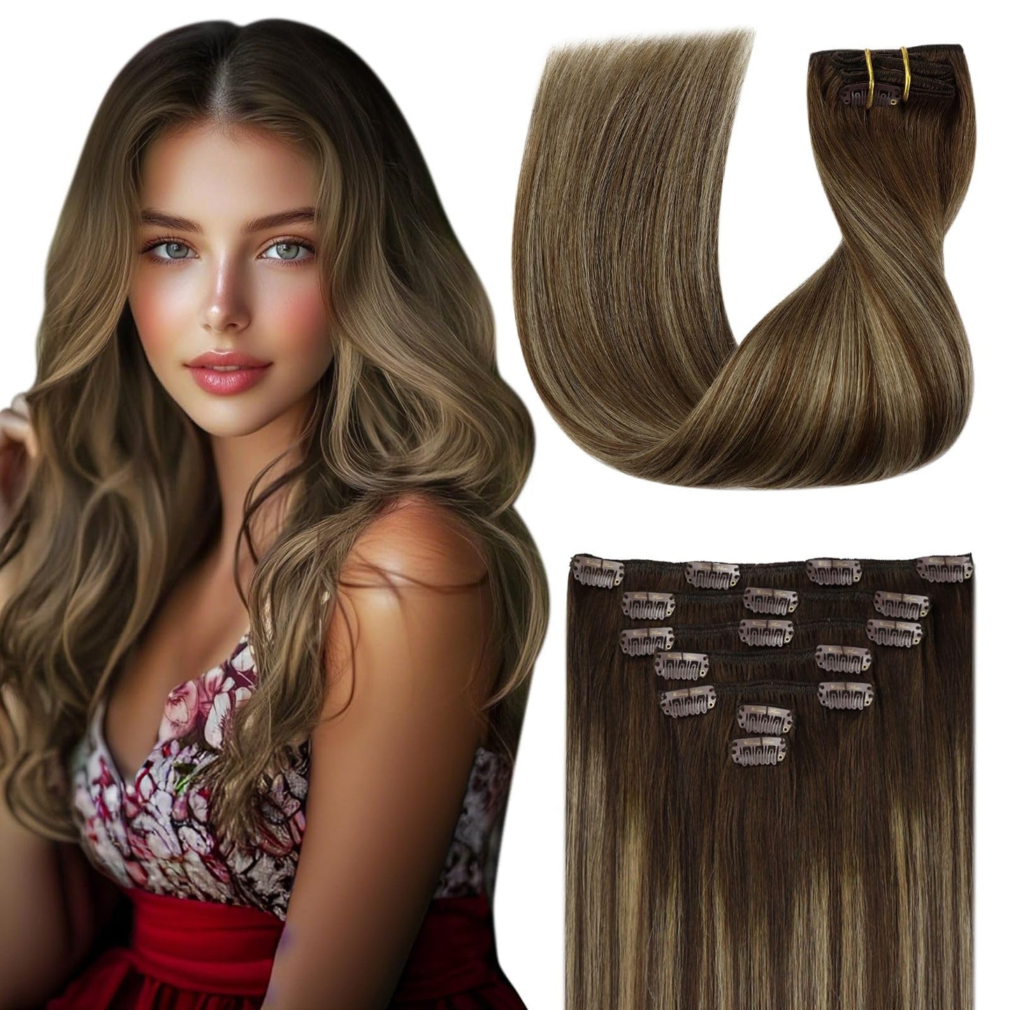 Clip in Hair Extensions Remy Human Hair Extensions for Women Real Hair Clip in Extensions Double Weft Dark Brown Balayage Medium Brown (12 inch-5pcs/80g, 14-24 inch-7pcs/120g)