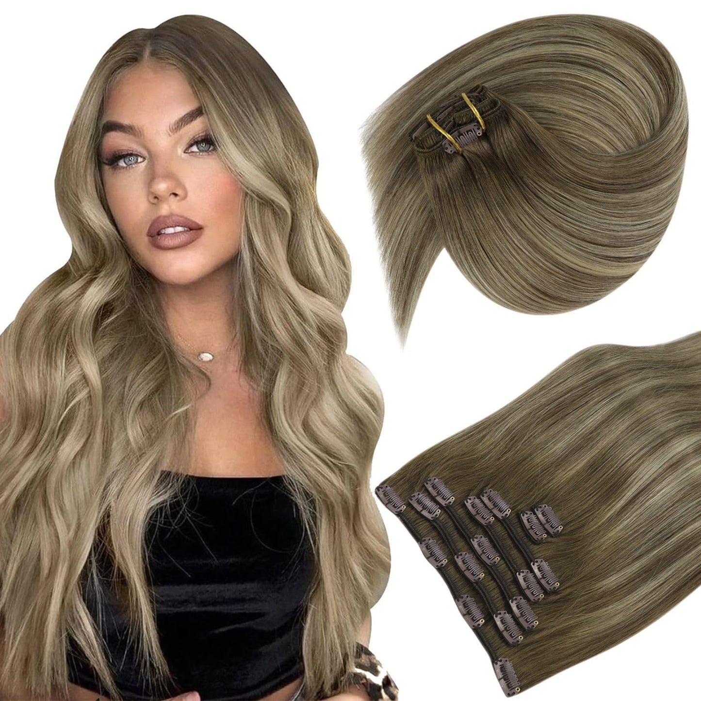 Clip in Hair Extensions Remy Human Hair Extensions for Women Real Hair Clip in Extensions Double Weft Dark Brown Balayage Medium Brown (12 inch-5pcs/80g, 14-24 inch-7pcs/120g)