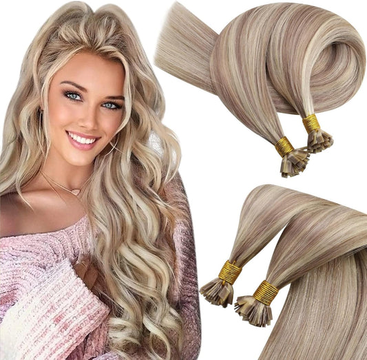 Remy Flat Tip Hair Extensions Human Hair Keratin Fusion Hair Extensions Real Human Hair Extensions for Women 50G/50S Warm Ash Blonde Highlight Bleach Blonde 16inch