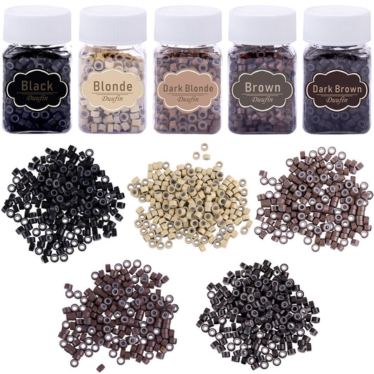 Duufin 2500 Pieces Hair Extentions Micro Links Rings Beads 5.0mm Silicone Lined Beads in 5 Colors Hair Feather Extensions Tool for Women and Men