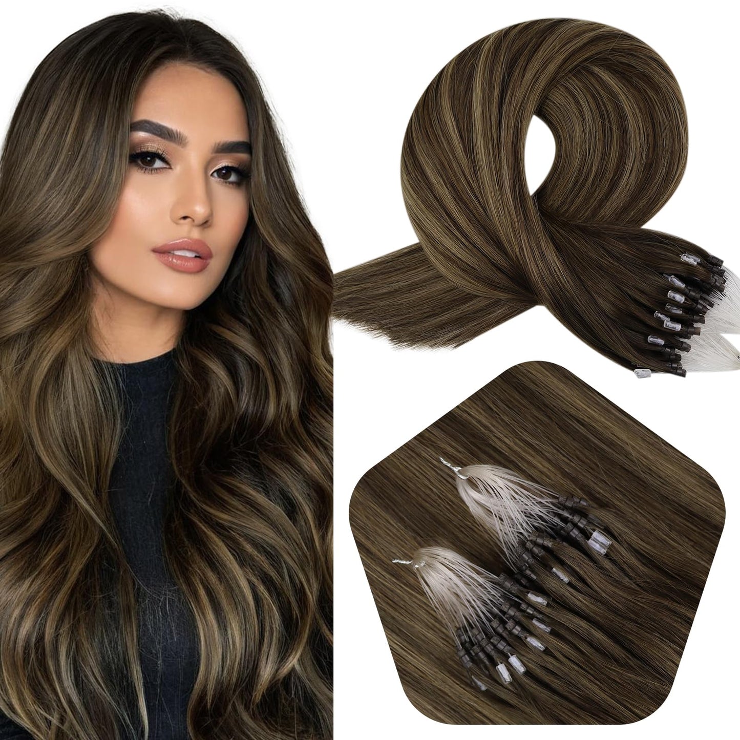 Full Shine Cold Fusion Prebonded Human Hair Extensions with Microbeads Color 18 Ash Blonde Highlighted 613 Blonde Micro Link Straight Hair 22 Inch Natural Hair Extensions for Women 50 Strands