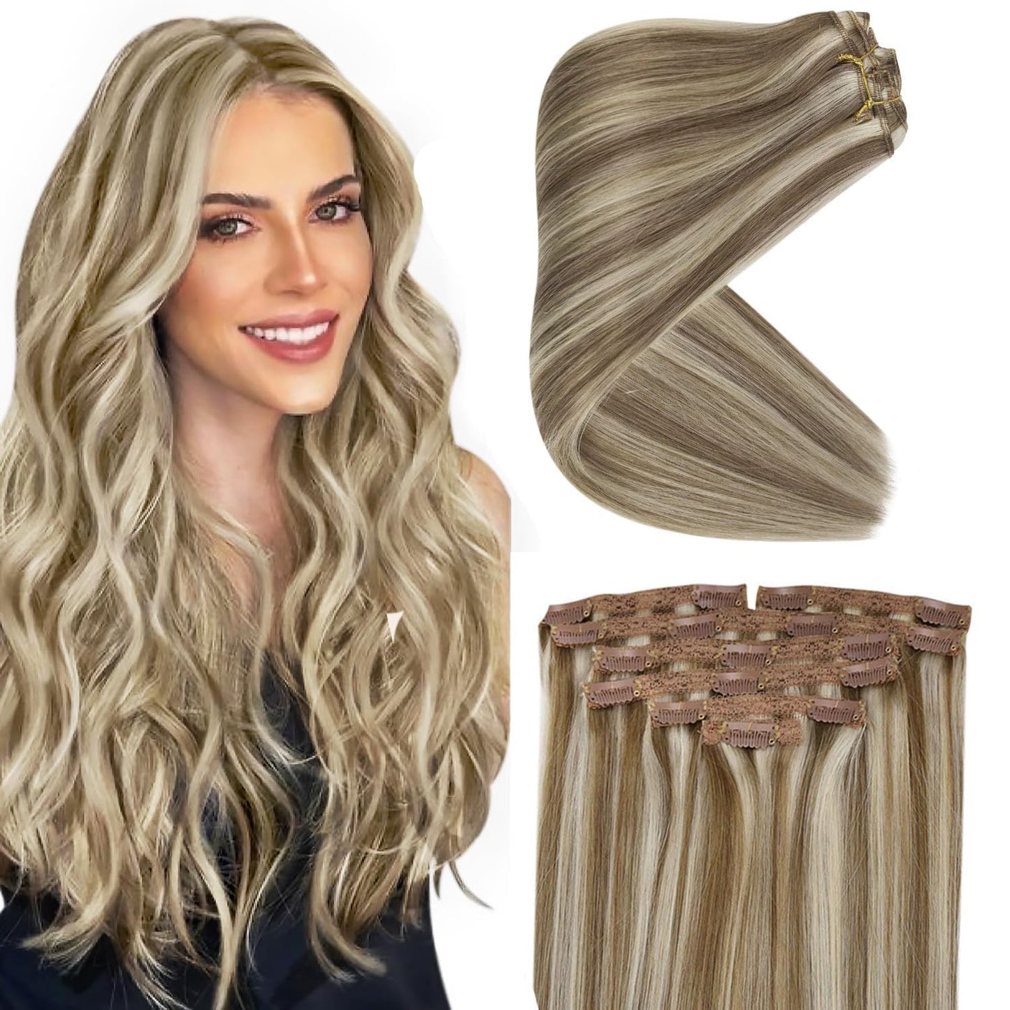 Clip in Hair Extensions Remy Human Hair Extensions for Women Real Hair Clip in Extensions Double Weft Dark Brown Balayage Medium Brown (12 inch-5pcs/80g, 14-24 inch-7pcs/120g)