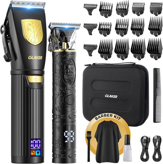 GLAKER Professional Hair Clippers for Men - Cordless Hair Clippers and Hair Trimmer Combo, Complete Barber Kit with 15 Fading Guards & Storage Bag for Hair Trimming & Beard Grooming, Ideal Gifts for Mens At-Home Haircuts