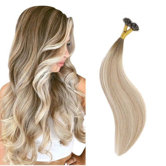 U Tip Hair Extensions Real Human Hair 50 Strands 50g 20inch Balayage Ombre Walnut Brown to Ash Brown and Blonde Pre Bonded Hair Extensions Nail U Tip Hair Extensions #3/8/22 20inch