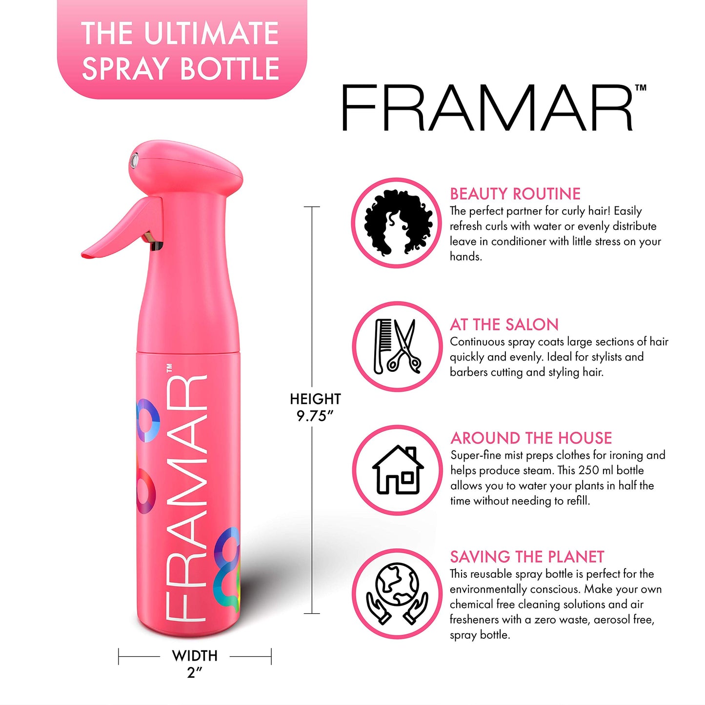 FRAMAR Premium Hair Spray Bottle - Continuous Spray Bottle For Hair, Mist Spray Bottle, Curly Hair Products For Women, Water Spray Bottle For Plants, Vaporisateur Bouteille, Mister Spray Bottle (Pink)