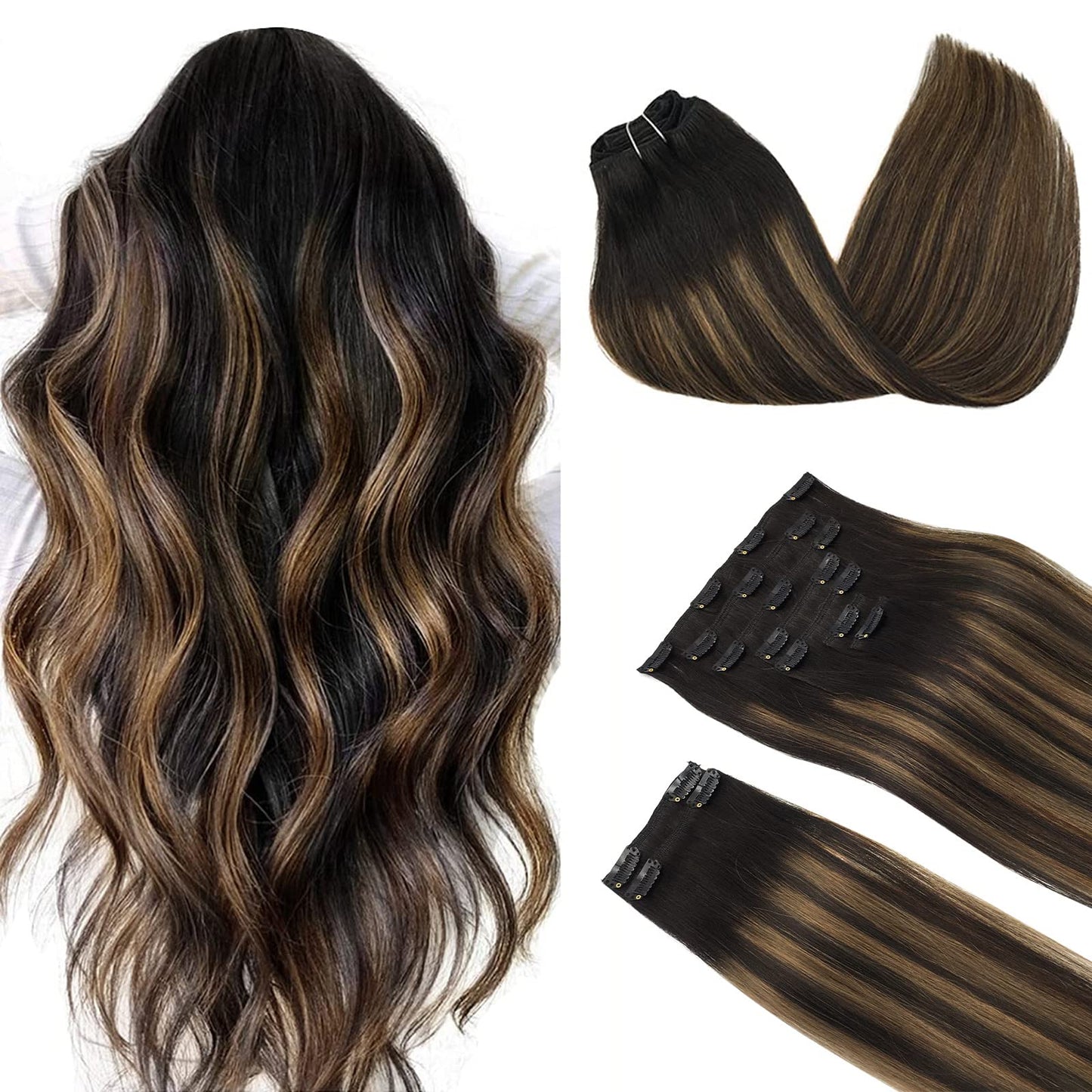 DOORES Seamless Clip in Hair Extensions Real Human Hair, Jet Black 150g 7pcs 20 Inch, Hair Extensions Clip in Human Hair Extensions Clip ins with Thin Weft Thick Straight Hair