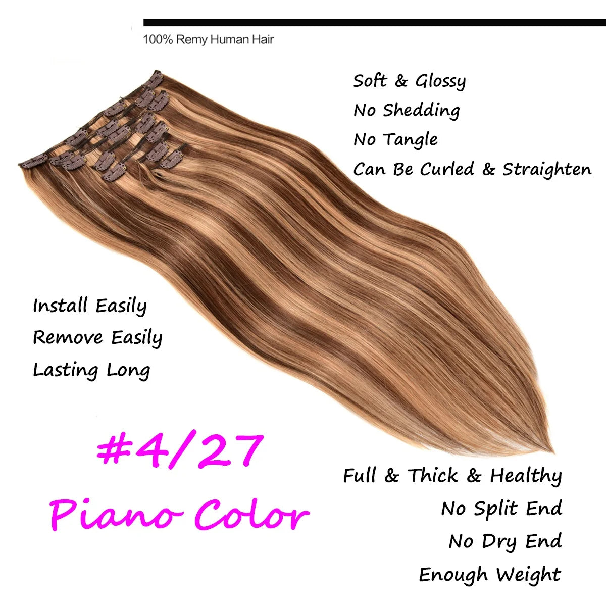 Clip in Hair Extensions Real Human Hair Chestnut Brown Mixed Blonde 7Pcs 16 Seamless Clips ins Remy Straight Clip ins Extensions