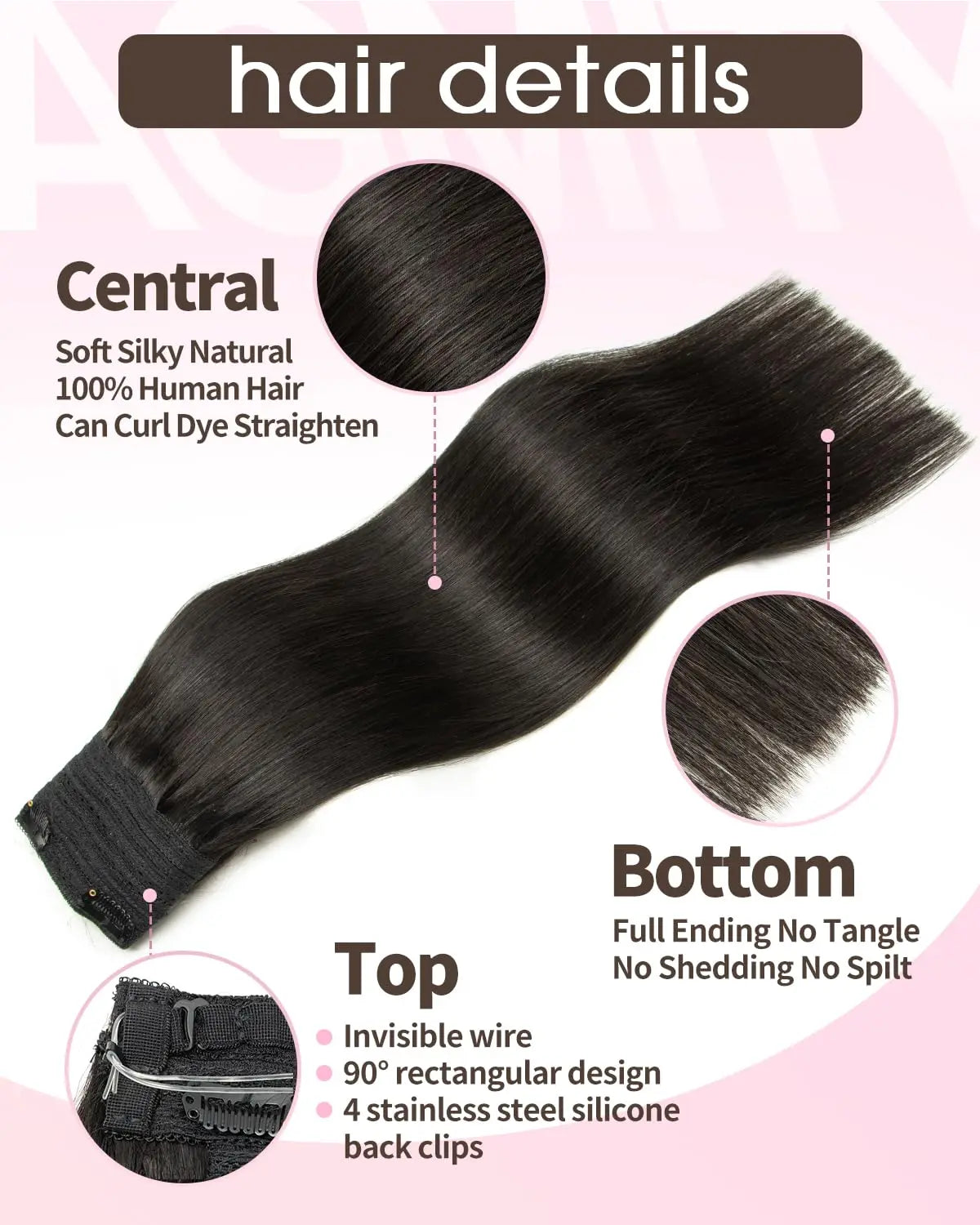 Human Hair Extensions Wire Hair #1B 100Gram Straight Layered Natural Hairpiece with Transparent Fish Line Human Hair Extensions