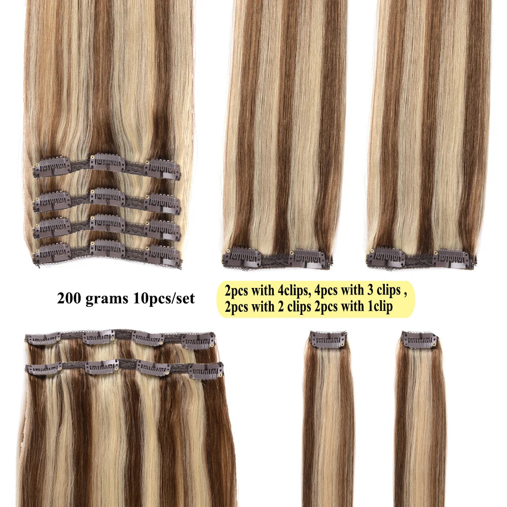Balayage Human Hair Clip in  Extensions Natural Human Hair Chestnut Brown with Blonde Brazilian Straight Hair Clip in Hairpieces