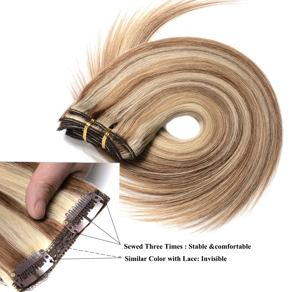 Balayage Human Hair Clip in  Extensions Natural Human Hair Chestnut Brown with Blonde Brazilian Straight Hair Clip in Hairpieces