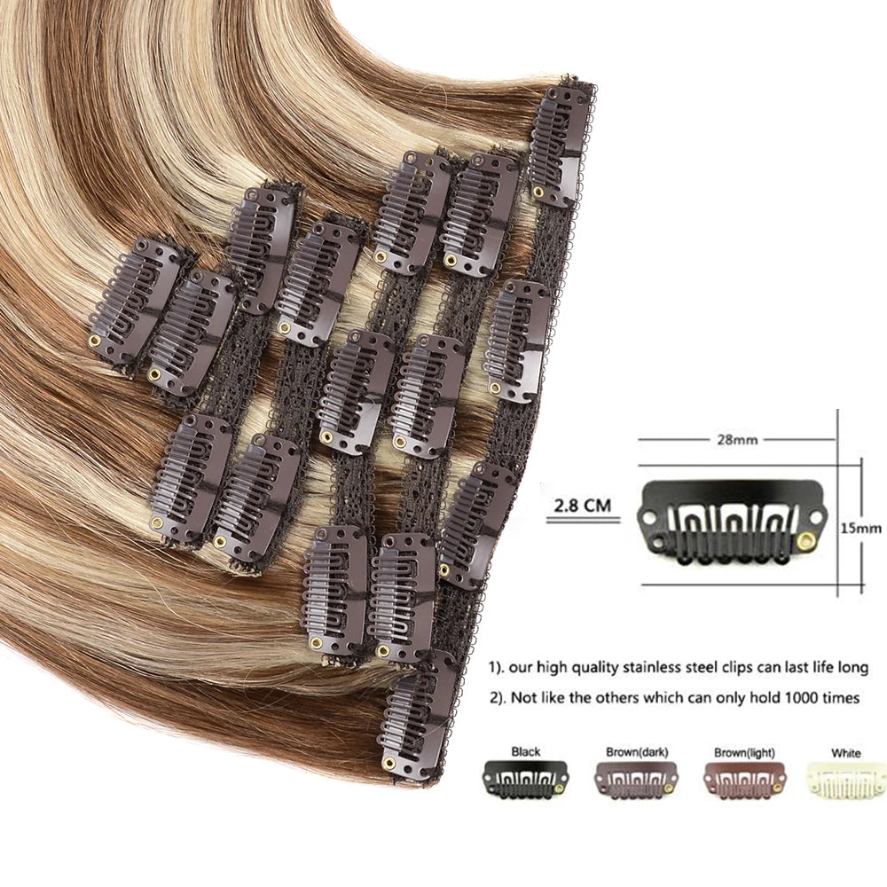 Balayage Human Hair Clip in  Extensions Natural Human Hair Chestnut Brown with Blonde Brazilian Straight Hair Clip in Hairpieces