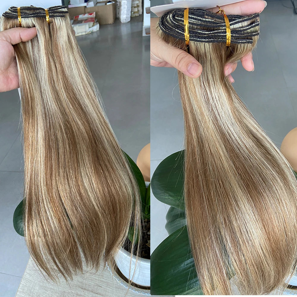 Balayage Human Hair Clip in  Extensions Natural Human Hair Chestnut Brown with Blonde Brazilian Straight Hair Clip in Hairpieces