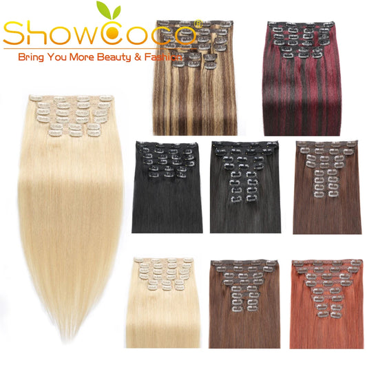 7pcs Clip in Human Straight Remy Hair 16-24 Inch ShowCoco 100% Remy hair extensi0on Clip-on hair